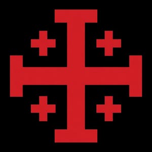 May include: A bright red Jerusalem cross symbol centred on a solid black background. The design features one large central cross with four smaller Greek crosses positioned in each of the four quadrants created by the main cross arms.