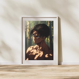 Puede incluir: Impresión artística enmarcada que presenta un personaje de anime musculoso con cabello oscuro e intensos ojos azules. La obra de arte representa al personaje en un entorno forestal, con luz solar proyectando sombras. La impresión está enmarcada en blanco.