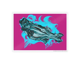May include: Abstract art print featuring a stylized aquatic creature in shades of teal and black, set against a vibrant magenta background. The artwork includes flowing teal accents, creating a dynamic and artistic composition.