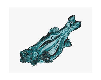 May include: An artistic illustration of a fish in shades of teal, turquoise, and black against a white background. The fish is depicted with intricate details and a flowing, abstract design, showcasing a unique artistic style.