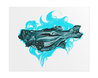 May include: An artistic illustration of a fish in shades of teal and black, set against a backdrop of flowing, light blue shapes. The fish has detailed textures and a dynamic pose, creating a striking visual effect.