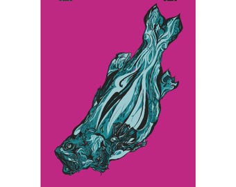 May include: A teal and black fish illustration on a magenta background. The artwork features detailed linework and a stylized design. The print is held by two black binder clips.