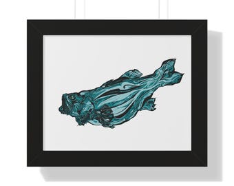 May include: Framed art print featuring a stylized fish illustration. The artwork showcases a teal and black color palette with a marbled effect, set against a white background. The print is encased in a black frame, ready for display.