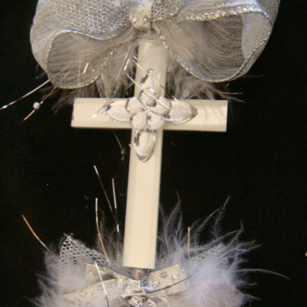 Rhinestone cross ornament with silver accent bow and feathers