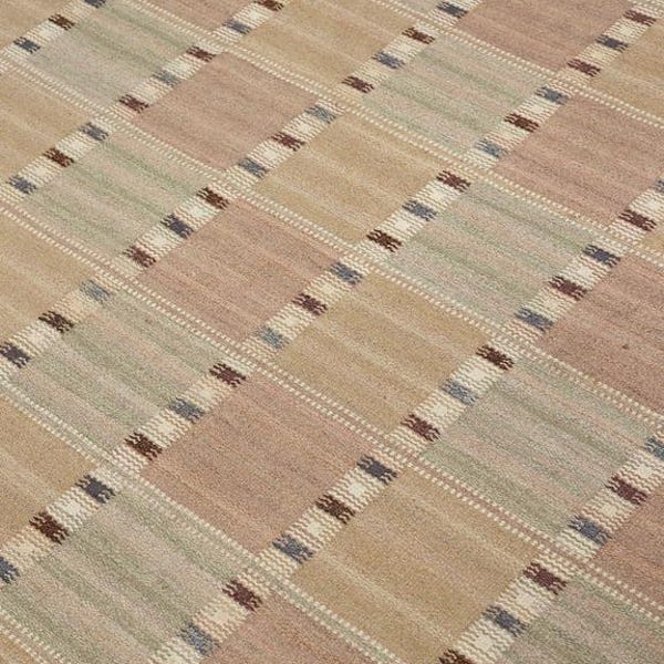 Ręcznie tkany wełniany kilim – skandynawski dywan w kratkę, tkany płasko, 12x15, niestandardowe rozmiary