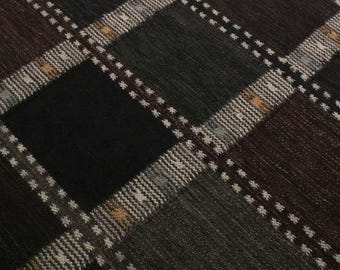 Handmade Wool Kilim Rug, 12x15 Brown Black Checkered Geometric Dhurrie, Scandinavian Boho Carpet