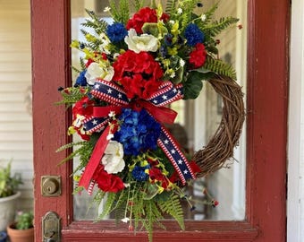 Patriotic Grapevine Wreath, Red White Blue Floral Door Decor with Star Bow 24 Inch