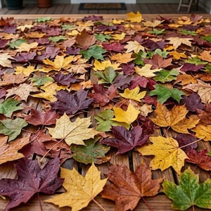 May include: A collection of fallen maple leaves in various colors including deep burgundy, vibrant yellow, burnt orange, and muted green, scattered across a slatted wooden surface, creating a dense, textured layer of autumn foliage.