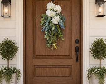 Farmhouse Teardrop Swag, White Floral Door Decor, Spring Summer Wreath, Entryway Hanging