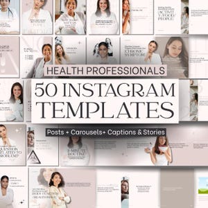 Può includere: Una raccolta di 50 modelli Instagram per professionisti della salute. I modelli includono post, caroselli, didascalie e storie. L'immagine presenta vari layout con testo e immagini, tra cui le frasi "Perché le abitudini sono importanti" e "Sintomo cronico".