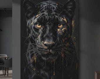 Mystical Black Panther Canvas Print | Gold Accents, Modern Wall Art
