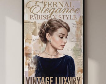 Audrey Hepburn Vintage Portrait Print – Parisian Style Wall Art, Dark Blue Dress Collage