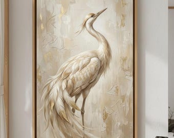 White Crane Art Print, Gold Leaf Impasto, Elegant Bird Wall Decor