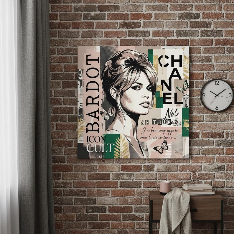 May include: A framed art print featuring a stylized portrait of Brigitte Bardot. The artwork incorporates text elements including "BARDOT," "ICON CULT," and "CHANEL No5." The color palette includes shades of green, pink, and gray, with butterfly accents.