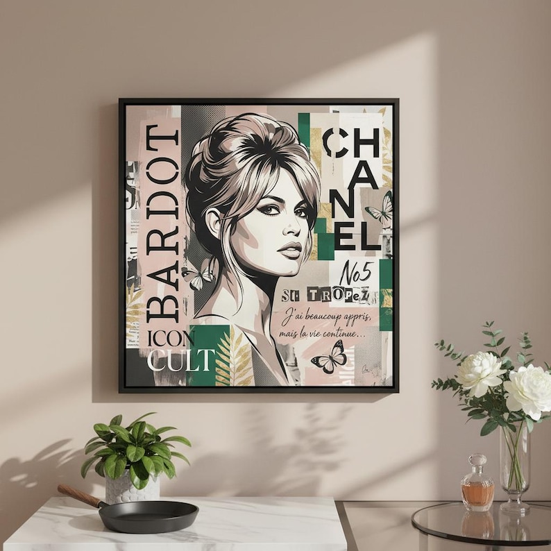 May include: A framed art print featuring a portrait of Brigitte Bardot. The artwork includes the text "BARDOT", "CHANEL No5", and French text. The color palette includes beige, green, and black.