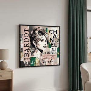 May include: A framed art print featuring a stylized portrait of a woman with the text "BARDOT" and "CHANEL" in a collage design. The artwork includes butterflies and the text "No5 St Tropez". The color palette includes pink, green, and black.