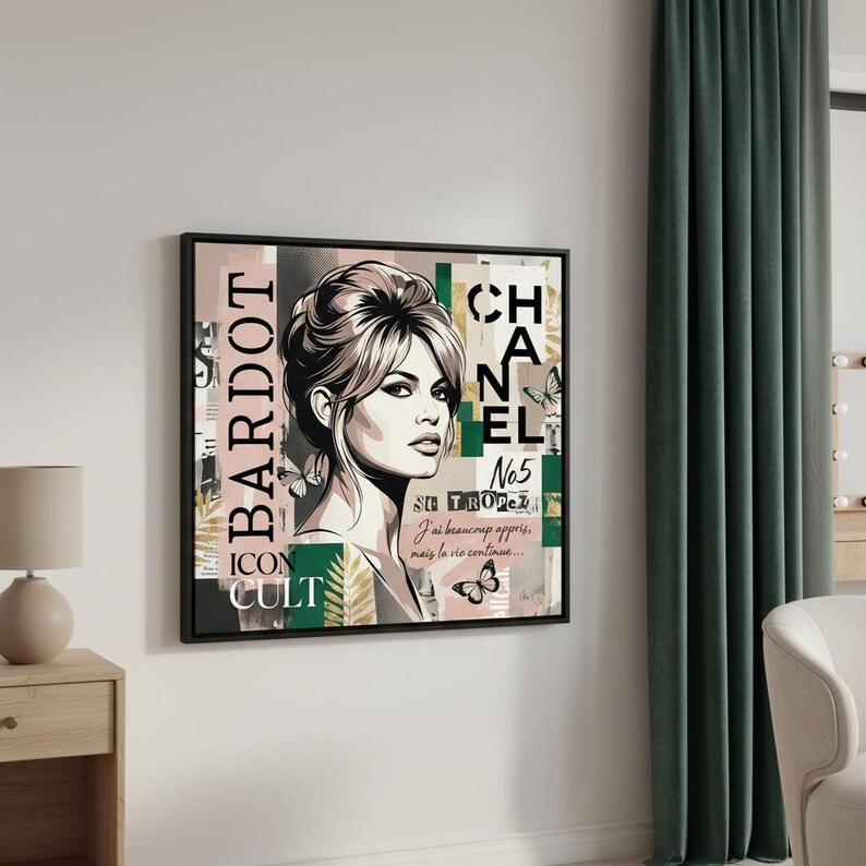 May include: A framed art print featuring a stylized portrait of a woman with the text "BARDOT" and "CHANEL" in a collage design. The artwork includes butterflies and the text "No5 St Tropez". The color palette includes pink, green, and black.