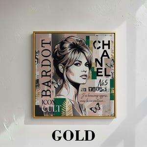 May include: A framed art print featuring a portrait of Brigitte Bardot with the text "CHANEL No5" and "BARDOT ICON CULT". The artwork has a gold frame and includes butterfly illustrations. The color palette includes beige, green, and black.