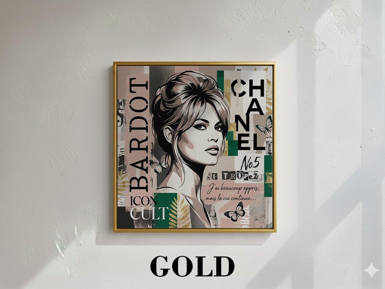 May include: A framed art print featuring a portrait of Brigitte Bardot with the text "CHANEL No5" and "BARDOT ICON CULT". The artwork has a gold frame and includes butterfly illustrations. The color palette includes beige, green, and black.