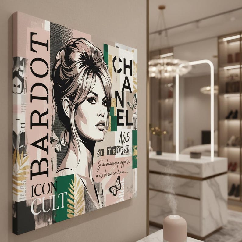 May include: A canvas print featuring a portrait of Brigitte Bardot with the text "BARDOT ICON CULT". The artwork incorporates the words "CHANEL" and "SU TROPEZ", along with butterflies and botanical elements. The color palette includes pink, green, and black.