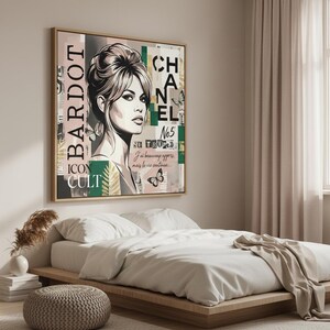 May include: A framed wall art print featuring a portrait of Brigitte Bardot with the text "BARDOT ICON CULT" and "CHANEL No5 SU TROPEZ". The artwork has a collage style with butterflies and text in a bedroom setting.