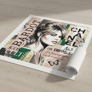 May include: A rolled art print featuring a black and white illustration of a woman's face, with the name "BARDOT" in large letters. The print includes text such as "ICON CULT" and "CHANEL No5", with butterfly graphics.