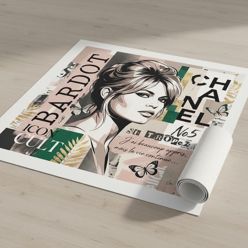 May include: A rolled art print featuring a black and white illustration of a woman's face, with the name "BARDOT" in large letters. The print includes text such as "ICON CULT" and "CHANEL No5", with butterfly graphics.