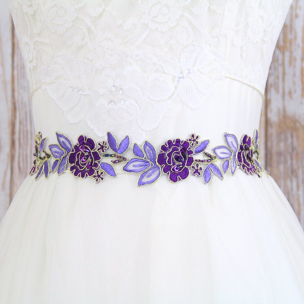 Purple and Lavender  Embroidery Flower Lace Sash , Bridal Purple Sash, Purple Head Tie, Purple Lace Sash Belt