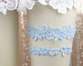 Wedding Garter Set,Light Blue Beaded Lace Wedding Garter Set, Light blue Lace Garter Set,Blue Toss Garter, Blue Wedding Garter Set, GT-21A