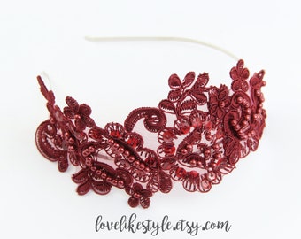 Wine Beaded Lace Headband: Burgundy Bridal Hair Band