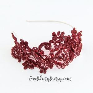 Wine Beaded Lace Headband: Burgundy Bridal Hair Band