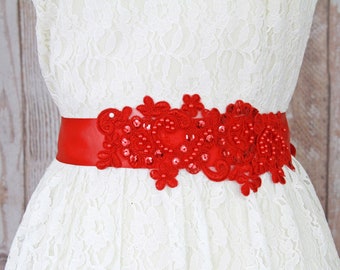 Red Beaded  Lace Sash, Bridal Red Sash, Bridesmaid Sash, Flower Girl Sash  / SH-40