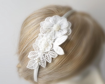 Ivory Pearl Flower Lace Headband: Bridal Hair Accessory