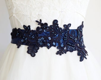 Navy Beaded Lace Sash, Bridal Sash, Bridesmaid Sash,Navy Wide Lace Sash, Navy Lace Sash Belt