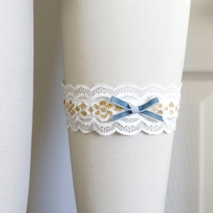 Dusty Blue Velvet Bow Wedding Garter: Off White Lace Bridal Garter