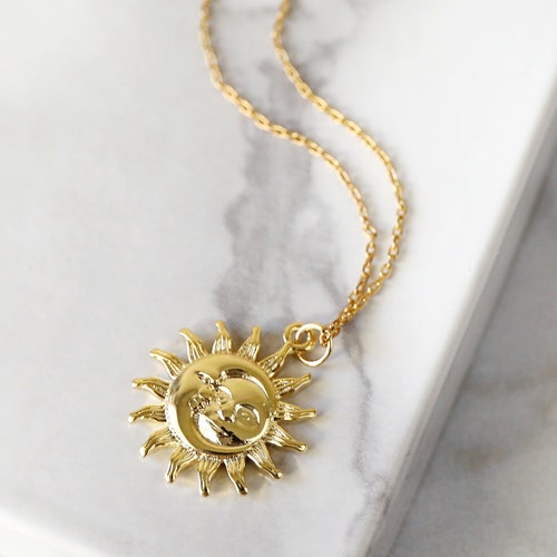 Gold Sun Face and Moon Pendant Necklace 