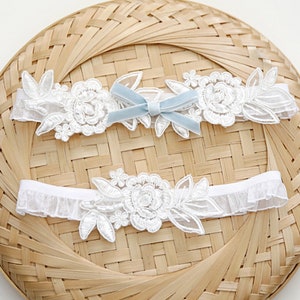 Ivory Lace Wedding Garter Set: Blue Velvet Bow, Floral Embroidery