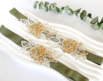 Moss Green Wedding Garter Set: Gold Embroidery Flower Lace