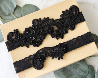 Black Wedding Garter,Black Pearl Beaded Lace Wedding Garter Set ,Black Lace Garter Set, Black Toss Garter ,Black Garter Belt, GT-53