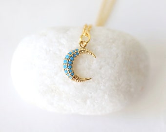 Super Tiny Turquoise Stone Crescent moon Necklace, Moon Necklace, Bridesmaid Gift, Birthday Gift