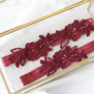 Wedding Garter, Burgundy Embroidery Flower with Elastic Garter, Wine Garter , Prom  Garter Belt