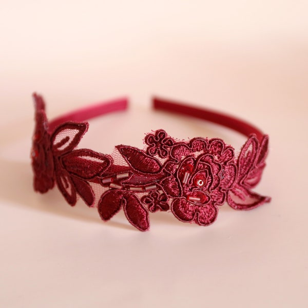 Flower Lace Headband, Burgundy Hairband, Wine Headband, Wedding Headband