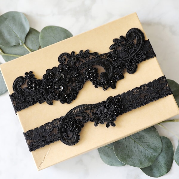 Black Wedding Garter,Black Pearl Beaded Lace Wedding Garter Set ,Black Lace Garter Set, Black Toss Garter ,Black Garter Belt, GT-53