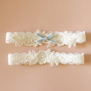 Something Blue Wedding Garter, Ivory Embroidery Flower Lace Wedding Garter Set, Ivory Garter Set, Wedding Toss Garter image 1