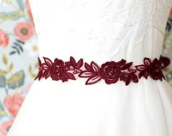 Burgundy Flower Beaded Lace Sash Belt, Wine Wedding Sash, Burgundy Lace Sash, Bridal Ivory Lace Sash,Flower Girl Sash
