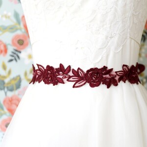 Burgundy Flower Beaded Lace Sash Belt, Wine Wedding Sash, Burgundy Lace Sash, Bridal Ivory Lace Sash,Flower Girl Sash image 1