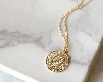 Gold Sun Coin Necklace: Dainty Layered Sunburst Pendant