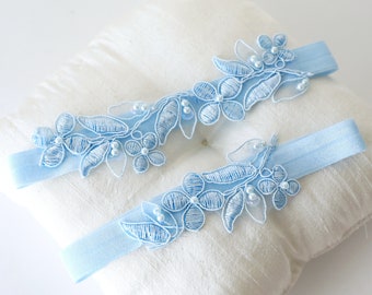 Light Blue Floral Lace Wedding Garter Set: Something Blue