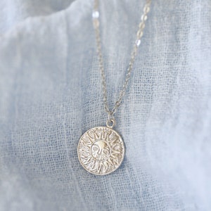 Silver Sun Coin Necklace: Dainty Rhodium Plated Brass Chain