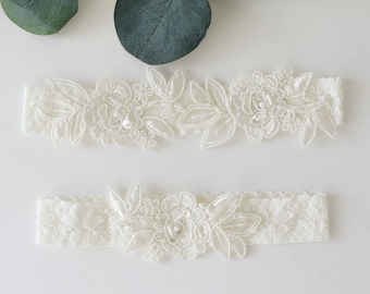 Jarretière de mariage, Ensemble jarretière de mariage en dentelle de fleurs avec broderie ivoire, Ensemble jarretière ivoire, Jarretière pour mélange de fleurs